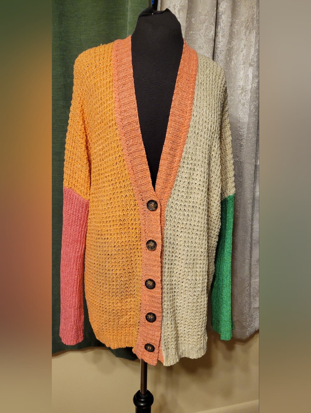 Colorblock Knit Button-Up Cardigan Sweater - Multicolor